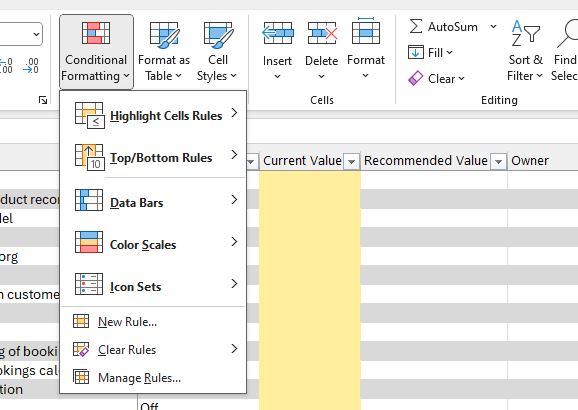 Screenshot of the Microsoft Excel Ribbon Bar with the Conditional Formatting Menu dropped down