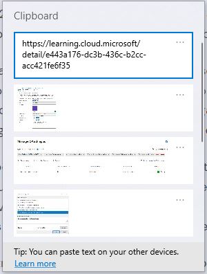 Windows Paste clipboard showing a set of white cards with content such as a link to a Microsoft Learning article, some images, and a Tip to click to learn more about pasting to other devices.